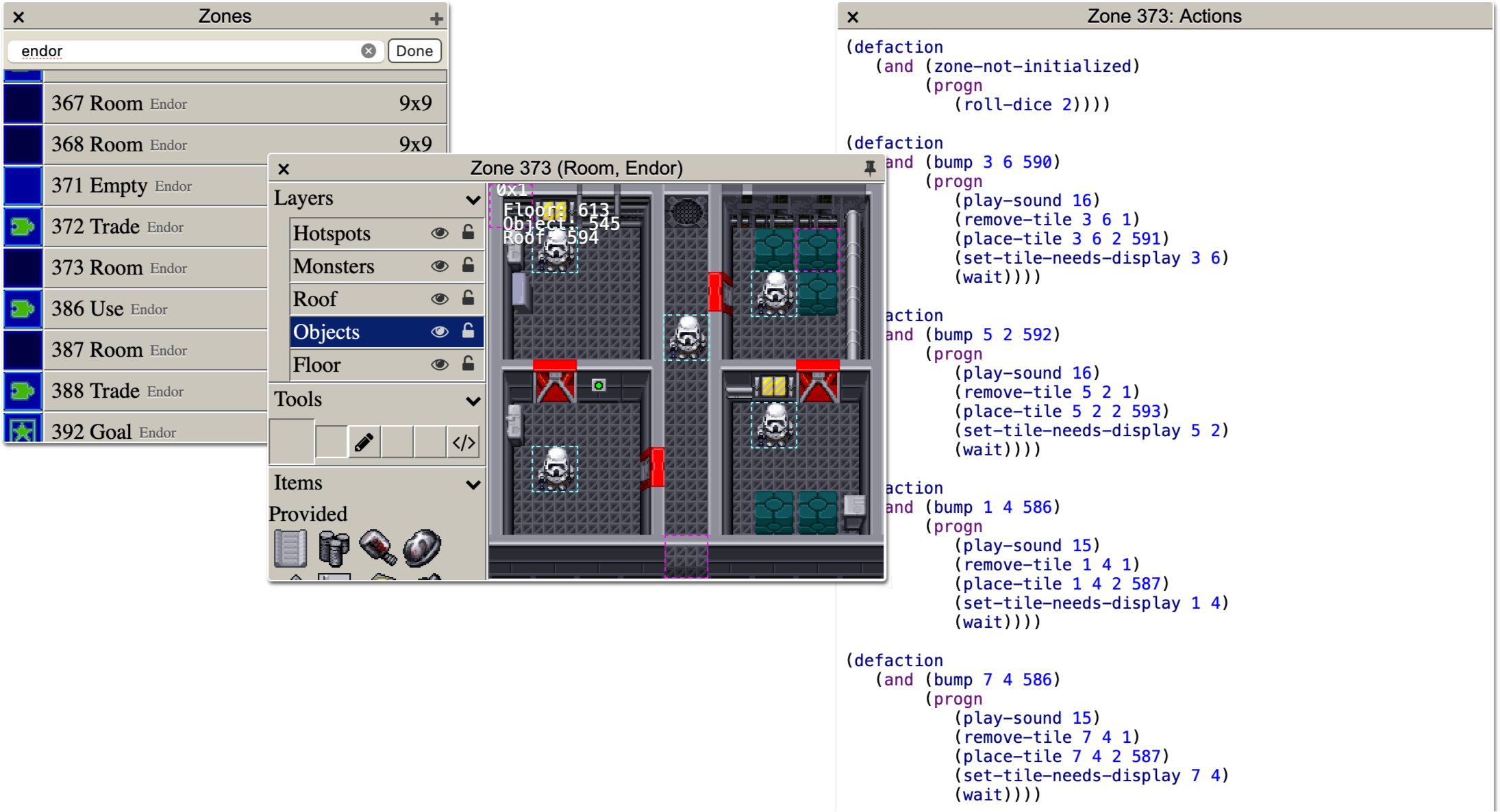 The zone editor can be used to program actions in a lisp-like language