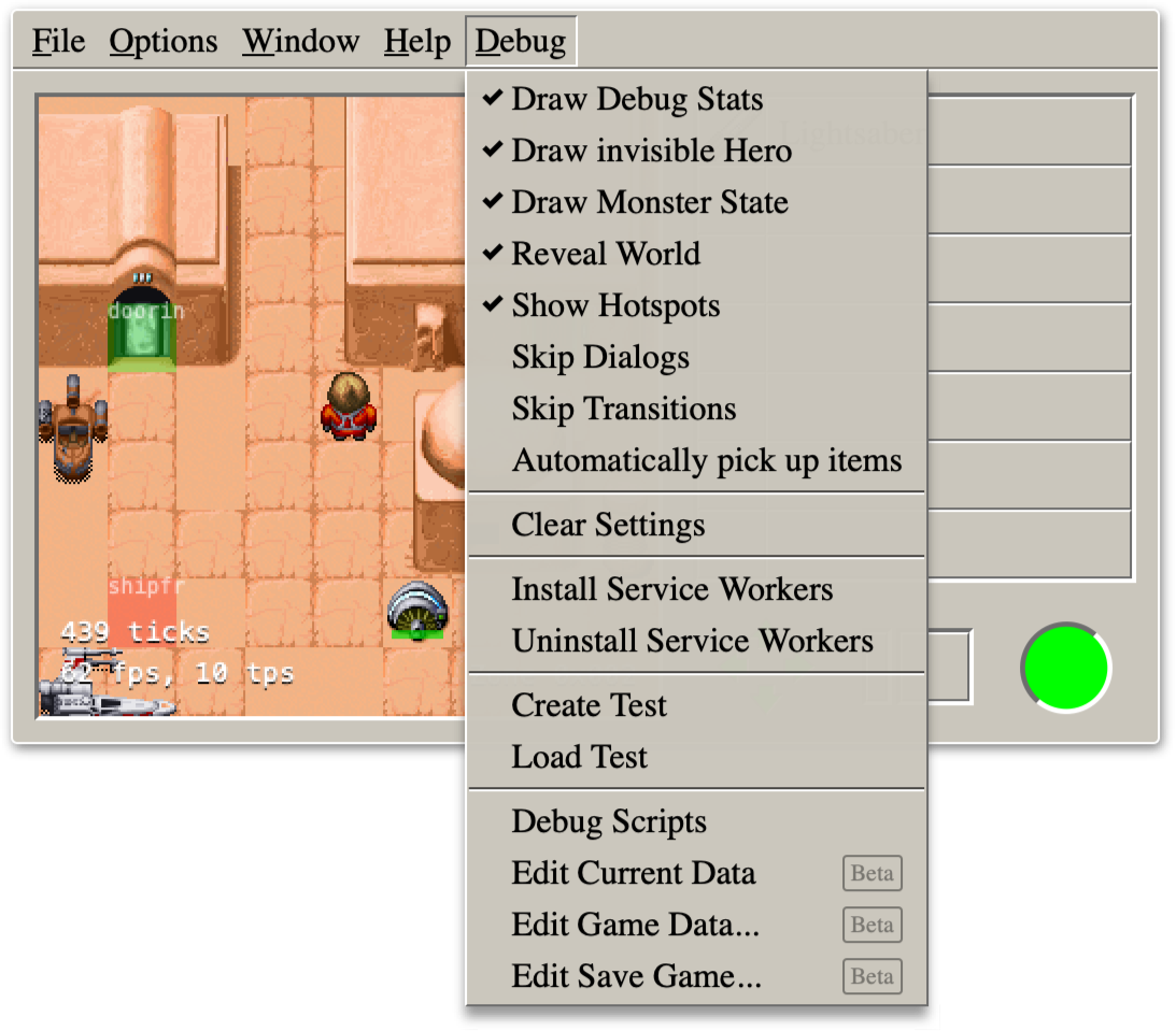 The main window with active debug overlays and an overview of the debug menu